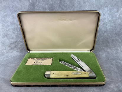 Case XX Commemorative Trapper Knife: Case No. 6254SS. 1989 trapper knife commemorating the Alaska Statehood Community 25th anniversary. Good condition, never carried or sharpened, tight snap. Pitting on the back of the blades.Comes in a
