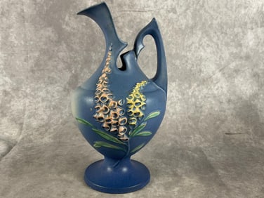 1940s pitcher marked Roseville USA 5-10 on bottom. Geometric design with pink and yellow foxglove