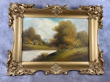 Mid 19th century original oil on board painting in gold guild frame. Painting depicts a river scene