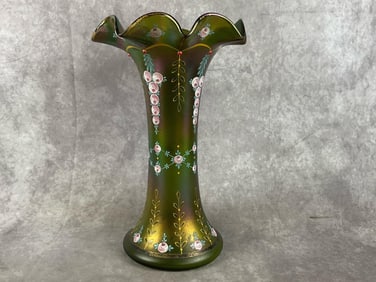 Ruffle Art Deco vase, hand blown and hand painted. Olive green with iridescent sheen and painted