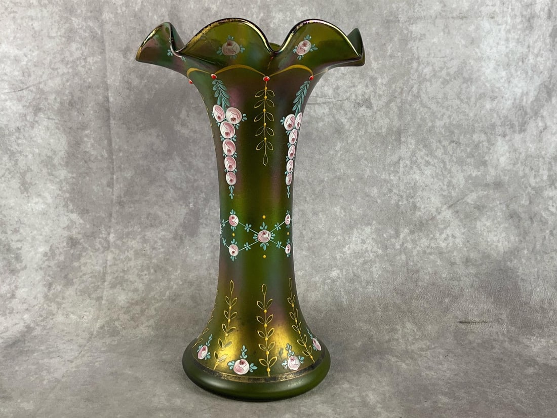Ruffle Art Deco vase, hand blown and hand painted. Olive green with iridescent sheen and painted: Ruffle Art Deco vase, hand blown and hand painted. Olive green with iridescent sheen and painted floral design. Pontil mark on bottom. Good condition, minor paint loss to base and rim present. Measure