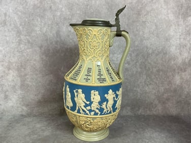 Early 1900s stoneware pitcher. Villeroy and Boch Mettlach ceramic German wine jug. Twelve month