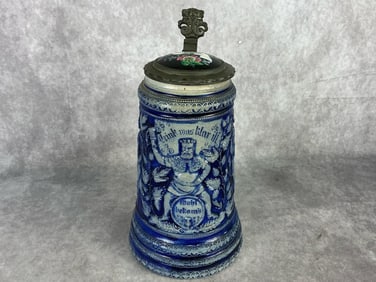 Late 1800's Westerwald beer stein by Reinhold Hanke with pewter lid, pewter thumb piece, and