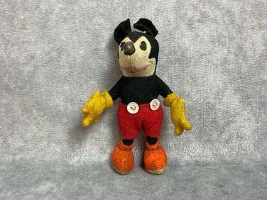 1930s felt Mickey Mouse made by Steiff in Germany. Hand drawn mouth, mother of pearl buttons, marked