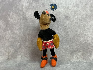 1930s Steiff felt Minnie Mouse made in Germany with hand drawn facial features. Metal tag marked