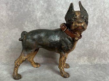 Early 1900s Hubley cast iron Boston terrier. Original paint with some paint loss. Measures 10 inches