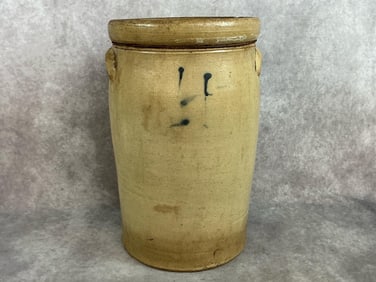 Late 19th century stoneware crock with cobalt slip decoration and Albany slip interior. Unmarked