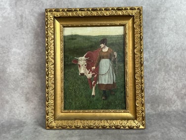 Mid 19th century oil on canvas painting of European woman and dairy cow. Stamped Prepared by Windsor