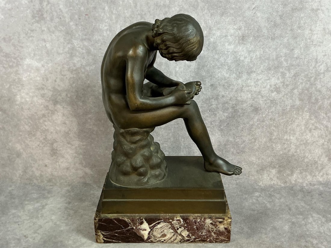 19th century French bronze Grand Tour figure of Spinario after A.Rolland. "Boy with Thorn". Good: 19th century French bronze Grand Tour figure of Spinario after A.Rolland. "Boy with Thorn". Good Condition with good patina. Measurement 10 inches long x 5.5 x 14.5 inches tall.