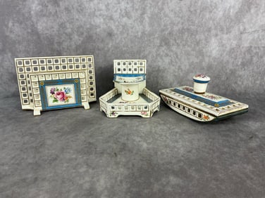 Circa 1920 Max Roesler hand painted floral porcelain desk set. Lot consists of 3 pieces; ink