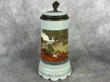 Early 20th century Villeroy & Bach beer stein. Pewter mounted ceramic lid insert. Rural depiction