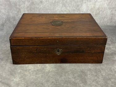 Late 19th century rosewood laptop desk. Engraved name on metal plaque on desk top. Velvet lined