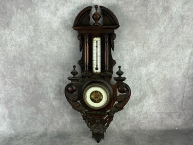 1880's French weather station consisting of thermometer and barometer. Thermometer measures in