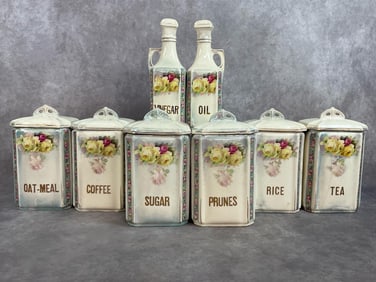 1920s to 1930s porcelain eight piece kitchen set, made in Czechoslovakia, pattern name is Elli