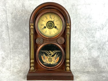 1871 Ingraham and Co. of Bristol, CT walnut cased clock with patriotic theme. Includes non original