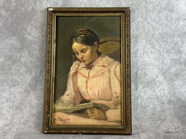 Late 1800's oil painting of a girl reading. Painting is in good condition. Frame has cracks and