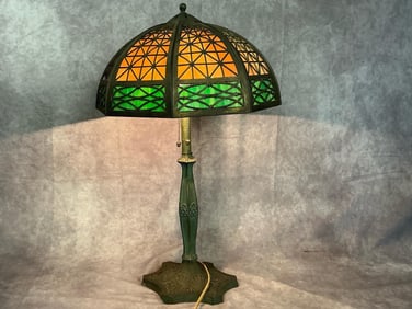 Early 1900s Bradley and Co. slag glass lamp. Geometric overlay on shade with non original base.