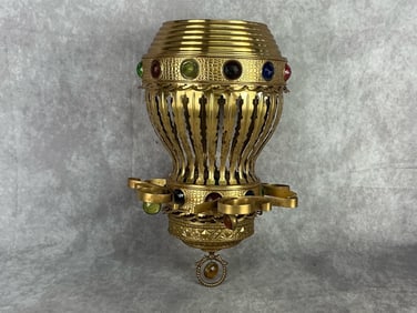 Early 1900's hanging sheet brass Moorish jeweled glass kerosene lantern with brass chain pulley