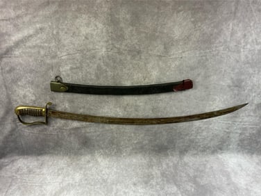 Late 19th century infantry sword. Leather and brass wire handle. Brass hand guard. Blade appears to