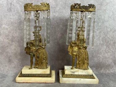Mid to late 1800s pair of gilded bronze courting couple girandoles with cut crystal prisms on a