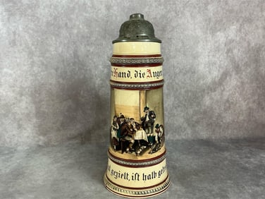 Early 1900s ceramic beer stein. Marzi and Remy of Germany stein with pewter lid and tavern scene.