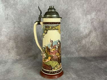 Late 1800s to early 1900s ceramic stein. Villeroy and Boch Mettlach stein with picture of drinking