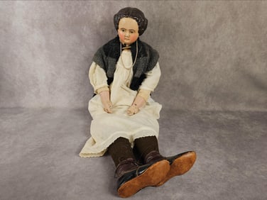 1880s E. Ridley & Sons papier mache doll with makers mark label W.A.H. nonpareil 3015 on back. Paper