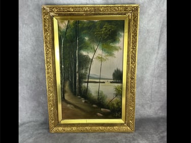 Early 1900's oil on canvas painting of river/lake scene in period guilded frame. Good condition with