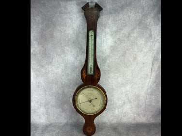 19th century mahogany weather station with barometer and thermometer. Shell and floral inlay. Dial