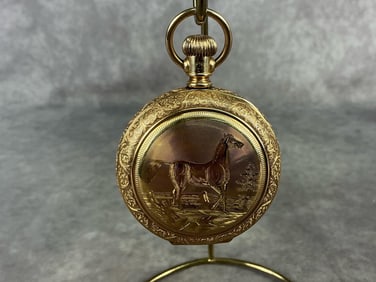 Circa 1900 A.W. Waltham 14k yellow gold pocket watch. Shield cartouche and horse engraving on
