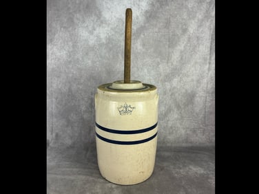 Early 20th century blue striped Robinson Ransbottom 3 gallon stoneware butter churn with lid and