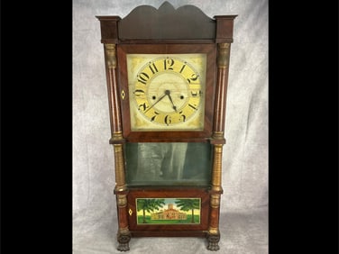 Circa 1820 late Federal Period eight day mahogany veneered mantel clock made and sold by Barns,