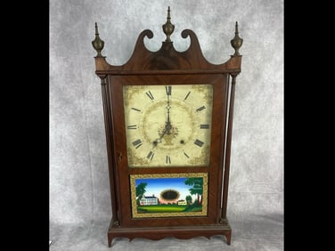 Circa 1825 Eli Terry & Son late Federal mahogany pillar and scroll shelf clock. Bristol,