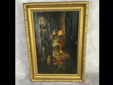 Late 19th century oil painting on canvas in a gold painted frame of a monk drinking wine. Probably