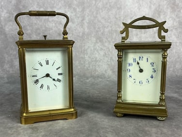 Early 19th century brass carriage clocks with enamel dials. Keys missing. Minute hand not connected