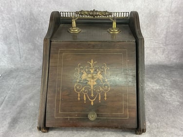 Early 20th century Edwardian inlaid rosewood fall front coal box with brass gallery, brass knob,