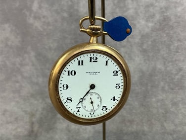 Circa 1910 open face 14kt gold pocket watch, marked Waltham USA on face, marked A.W.W. Co Waltham