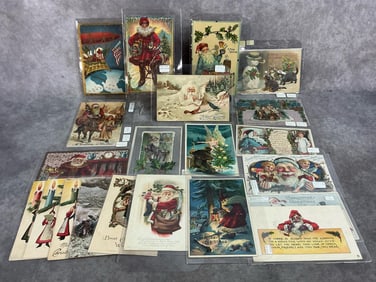 Total of 21 early 1900s Christmas theme postcards. Includes purple, blue and green robe Santas,