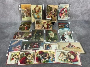 Eighteen early 1900s and four modern reproduction Christmas theme postcards. Includes green and
