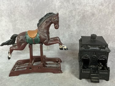 Late 1800s to early 1900s cast iron items. Spring loaded rocking horse hand painted. H L Judd dog on