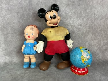 1950s to 1970s toys. Stuffed Mickey Mouse with rubber head, hands and shoes. Pull string missing.