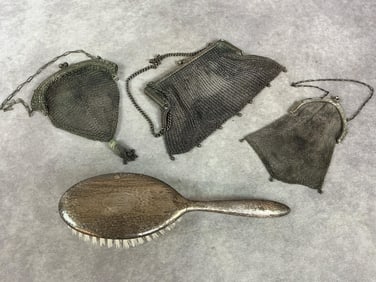 Late 1800s to early 1900s lot. Hammered texture sterling silver brush with monogram. Three silver