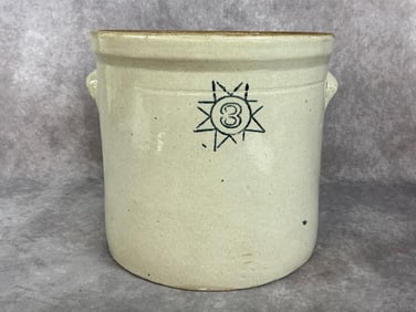 Early 1900s stoneware crock with number 3 starburst in blue stenciled on side. In good condition.