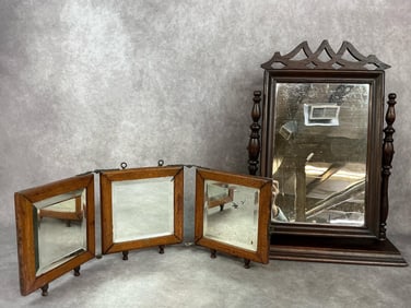 Two late 1800s to early 1900s vanity mirrors. Dark wood swivel gentleman's mirror and oak trifold