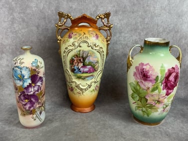 Three vases from late 1800s to early 1900s. Victorian orange and gold gilt double handle vase with