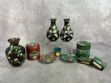Ten early to mid 1900s Cloisonné pieces. Varied designs of Cloisonné vases, matchbox holders,