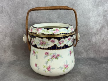 Late 1800s to early 1900s chamber pot. English Bisto decorated two piece porcelain chamber pot with