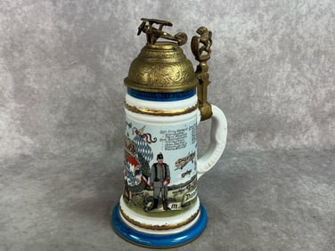 Early 1900s stein. Meissen beer stein from Germany with crest of arms and litho scene. Pewter
