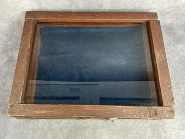 Mid 1900s display case. Dark wood and glass handmade case with hasp latch. Wood is splintered. In