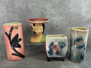 Four mid century vases. Shawnee Polynesian lady's head vase and Royal Copley pink and black vine